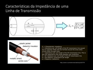 Características da Impedância de uma
Linha de Transmissão
Z0 = Characteristic impedance
L = Inductance per unit length of the RF transmission line caused
due to magnetic fields that are formed around the wires when
current flows through them.
C = Capacitance per unit length of the RF transmission line. This is
also the capacitance that exists between two conductors
R = DC resistance per unit length of the RF transmission line
G = the dielectric conductance per length
ω = frequency (radians/s)
http://zone.ni.com/devzone/cda/tut/p/id/5776
 