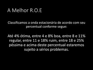 A Melhor R.O.E
Classificamos a onda estacionária de acordo com seu
percentual conforme segue:
Até 4% ótima, entre 4 e 8% boa, entre 8 e 11%
regular, entre 11 e 18% ruim, entre 18 e 25%
péssima e acima deste percentual estaremos
sujeito a sérios problemas.
 