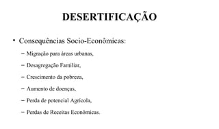 DESERTIFICAÇÃO
• Consequências Socio-Econômicas:
– Migração para áreas urbanas,
– Desagregação Familiar,
– Crescimento da pobreza,
– Aumento de doenças,
– Perda de potencial Agrícola,
– Perdas de Receitas Econômicas.
 