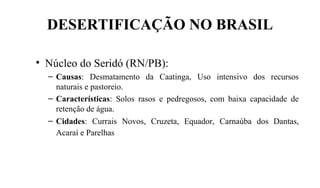 DESERTIFICAÇÃO NO BRASIL
• Núcleo do Seridó (RN/PB):
– Causas: Desmatamento da Caatinga, Uso intensivo dos recursos
naturais e pastoreio.
– Características: Solos rasos e pedregosos, com baixa capacidade de
retenção de água.
– Cidades: Currais Novos, Cruzeta, Equador, Carnaúba dos Dantas,
Acaraí e Parelhas
 