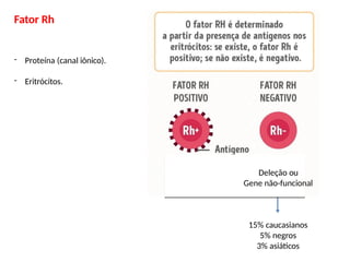 Fator Rh
- Proteína (canal iônico).
- Eritrócitos.
15% caucasianos
5% negros
3% asiáticos
Deleção ou
Gene não-funcional
 