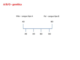 A/B/O - genética
Mãe – sangue tipo A Pai – sangue tipo B
AO BO
AB AO BO OO
 