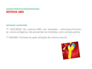 CONCEITOS BÁSICOS EM IMUNOHEMATOLOGIA
SISTEMA ABO
ANTICORPOS: CLASSIFICAÇÃO
** NATURAIS: No sistema ABO, por exemplo, anticorpos formam-
se contra antígenos não presentes no indivíduo, sem contato prévio.
** IMUNES: Formam-se após ativação do sistema imune.
 