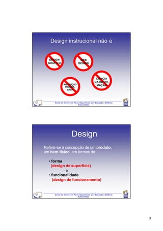 Design instrucional não é


   DESIGN                       WEB
  GRÁFICO                      DESIGN




                                                  CIÊNCIA
                                                 DA INFOR-
              INSTRUÇÃO                           MAÇÃO
                PROGRA-
                 MADA




     Escola de Governo do Paraná Capacitando para Educação a Distância
                              Andrea Filatro




                       Design
Refere-se à concepção de um produto,
um bem físico, em termos de:

  • forma
    (design de superfície)
            e
  • funcionalidade
     (design de funcionamento)


     Escola de Governo do Paraná Capacitando para Educação a Distância
                              Andrea Filatro




                                                                         3
 