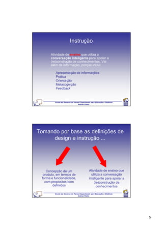 Instrução

       Atividade de ensino que utiliza a
       conversação inteligente para apoiar a
       (re)construção de conhecimentos. Vai
       além da informação, porque inclui:

           Apresentação de informações
           Prática
           Orientação
           Metacognição
           Feedback



          Escola de Governo do Paraná Capacitando para Educação a Distância
                                   Andrea Filatro




Tomando por base as definições de
     design e instrução ...




     Concepção de um                            Atividade de ensino que
   produto, em termos de                          utiliza a conversação
  forma e funcionalidade,                       inteligente para apoiar a
    com propósitos bem                              (re)construção de
         definidos                                    conhecimentos

          Escola de Governo do Paraná Capacitando para Educação a Distância
                                   Andrea Filatro




                                                                              5
 