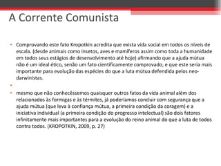 • Comprovando este fato Kropotkin acredita que exista vida social em todos os níveis de
escala. (desde animais como insetos, aves e mamíferos assim como toda a humanidade
em todos seus estágios de desenvolvimento até hoje) afirmando que a ajuda mútua
não é um ideal ético, senão um fato cientificamente comprovado, e que este seria mais
importante para evolução das espécies do que a luta mútua defendida pelos neo-
darwinistas.
•
• mesmo que não conhecêssemos quaisquer outros fatos da vida animal além dos
relacionados às formigas e às térmites, já poderíamos concluir com segurança que a
ajuda mútua (que leva à confiança mútua, a primeira condição da coragem) e a
iniciativa individual (a primeira condição do progresso intelectual) são dois fatores
infinitamente mais importantes para a evolução do reino animal do que a luta de todos
contra todos. (KROPOTKIN, 2009, p. 27)
A Corrente Comunista
 