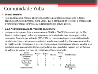 • Vendas externas
•  são: gado; goiaba, manga, abobrinha, abóbora paulista; quiabo; geléias e doces; 
cogumelos shiitake; pimenta; milho verde, que é comprado de terceiros e empacotado 
e vendido para fora; cerâmicas e, esporadicamente, alguns porcos.
• 3.3.2.7 Comercialização da Produção Comunitária
•  até pouco tempo era feita somente com o CEASA – CEAGESP no município de São 
Paulo – onde era pago pelos produtos cerca de metade do valor que é pago pelos 
mercados. Contudo por volta de 2003/2004 os responsáveis pela comercialização do 
produto na época – viram que um vizinho vendia seus produtos direto para mercados 
da região, então começaram a fazer os contatos com mercados para tentar vender seus 
produtos a um preço maior. Com essa mudança seus produtos tiveram um acréscimo 
de valor, e as saídas, e o valor das receitas melhoraram muito.
Comunidade Yuba
Cidade/
Estabelecimento /
quantidade
Mercad
o
Quitand
a
Atacado
Restau
-
rante
Total/ Município
Dracena 7 2 1 1 11
Junqueirópolis 2 2 - - 4
Tupi Paulista 3 1 - - 4
Total/
Estabelecimento
12 5 1 1 Total Geral /
Estabeleciment
o 19
 