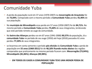 • A perda da população rural em 37 anos (1970-2007) na mesorregião de Araçatuba foi 
de 73,04%. Comparado com o mesmo período a Comunidade Yuba perdeu 41,90% de 
sua população. 
• No município de Mirandópolis essa perda em 57 anos (1950-2007) foi de 84,71%. No 
mesmo período a Comunidade Yuba perdeu 75,60% de seus integrantes, lembrando 
que este período remete ao auge da comunidade.
• No bairro das Alianças perdeu-se em 67 anos (1941-2008) 90,57% da população, Já a 
comunidade Yuba no período de seu auge (1950) até hoje (2010) passados 61 anos 
perdeu 77,20% de seus integrantes.
• se levarmos em conta somente o período pós-divisão da Comunidade Yuba a perda de 
população em 55 anos (1960-2011) foi de 48,18% ficando muito abaixo das regiões 
comparados que praticamente no mesmo período ficaram com: Mesorregião (73,04%);
Mirandópolis (81,06%); Alianças (89,98%). 
• EM TODOS OS CASOS A COMUNIDADE YUBA TEVE UMA MENOR PERDA DE
POPULAÇÃO
Comunidade Yuba
 