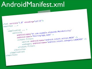 AndroidManifest.xml
utfencoding=“
sion="1.0"

8"?>	

<?xml ver
. . .> 	
<manifest
	 ...	
. >	
ication ..
i t y "	
<appl
.MainActiv
mundo
xample.alo
<activity	
com.e
: n a m e=" b r .
" >	
android
g/app_name
strin
d : l a b e l= " @
" />	
androi
ction.MAIN
t e r> 	
/>	
tent.a
intent-fil
LAUNCHER"
android.in
<
m e= "
gory.
android:na
ntent.cate
roid.i
<action
: n a m e= " a n d
droid
ategory an
<c
l t e r> 	
/intent-fi
<
>	
</activity
i o n> 	
</applicat
>	
</manifest

 