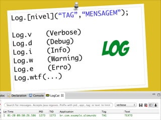 Log.[n

NSAGEM”);	
e l ] (“ T A G ”, “ M E
iv

!

	 (Verbose)	
Log.v		
	 	 (Debug)	
Log.d	
		 	 (Info)	
Log.i
	 (Warning)	
Log.w		
e		 	 (Erro)	
Log.
(
.wtf	 ...)	
Log

Log

 