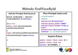 Método findViewById
    Activity Principal (Activity.java)      View Principal (main.xml)
Button meuBotao01 = (Button)              <LinearLayout>
findViewById(R.id.button1);               <Button
                                          android:id="@+id/button1"
@Override                                 android:layout_width="100dp"
public void onCreate(Bundle               android:layout_height="wrap_co
savedInstanceState)                       ntent"
                                          android:text="@string/telaInic
{
                                          ialBotao" /> </LinearLayout>
super.onCreate(savedInstanceState);
setContentView(R.layout.main);
                                                 Arquivo R.java
}                                        public static final class id {
                                         public static final int
                                         button1 =0x7f050002; }
 