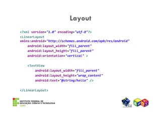 Layout
<?xml version="1.0" encoding="utf-8"?>
<LinearLayout
xmlns:android="http://schemas.android.com/apk/res/android"
    android:layout_width="fill_parent"
    android:layout_height="fill_parent"
    android:orientation="vertical" >

   <TextView
       android:layout_width="fill_parent"
       android:layout_height="wrap_content"
       android:text="@string/hello" />

</LinearLayout>
 