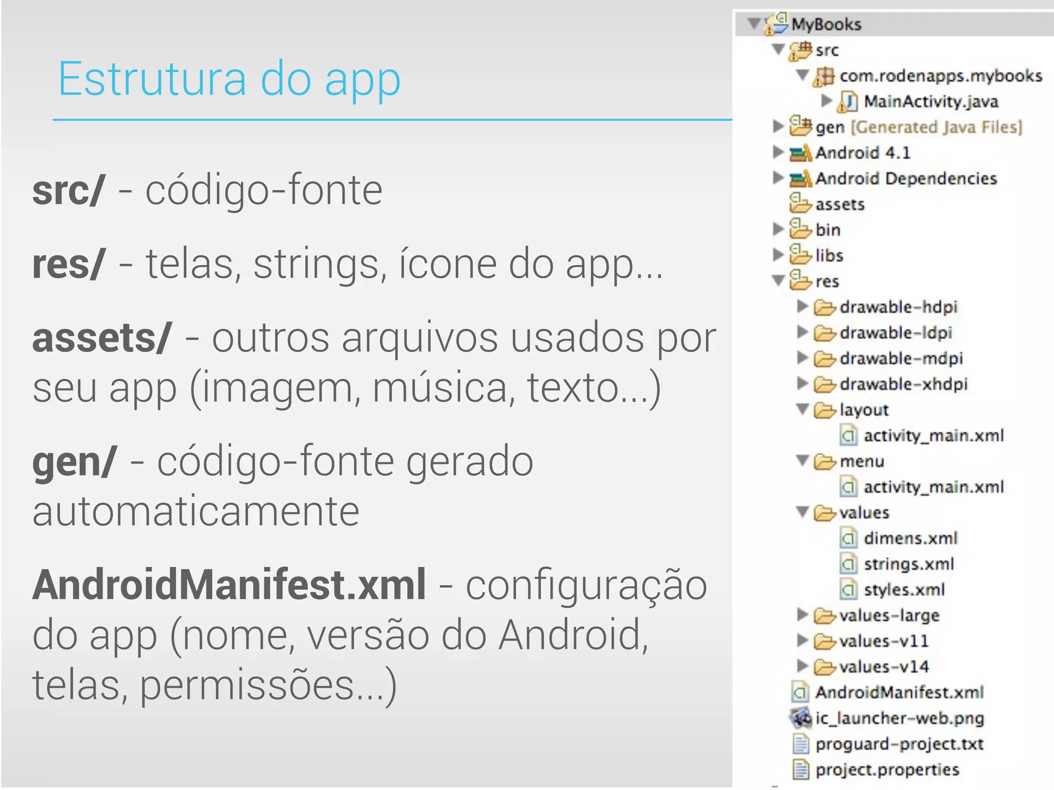 Estrutura do app

src/ - código-fonte
res/ - telas, strings, ícone do app...
assets/ - outros arquivos usados por
seu app (imagem, música, texto...)
gen/ - código-fonte gerado
automaticamente
AndroidManifest.xml - conﬁguração
do app (nome, versão do Android,
telas, permissões...)
 