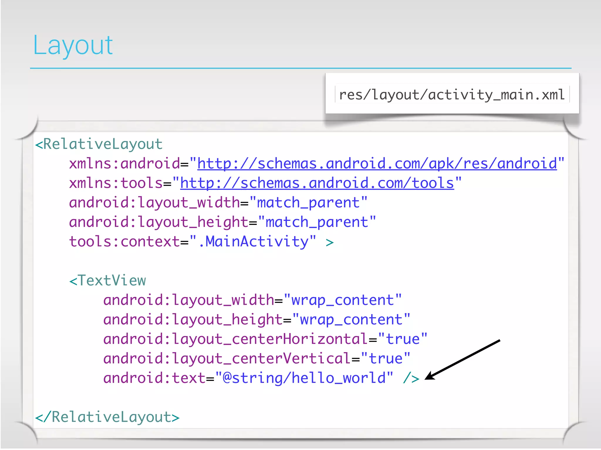 Layout
                                   res/layout/activity_main.xml


<RelativeLayout
    xmlns:android="http://schemas.android.com/apk/res/android"
    xmlns:tools="http://schemas.android.com/tools"
    android:layout_width="match_parent"
    android:layout_height="match_parent"
    tools:context=".MainActivity" >

    <TextView
        android:layout_width="wrap_content"
        android:layout_height="wrap_content"
        android:layout_centerHorizontal="true"
        android:layout_centerVertical="true"
        android:text="@string/hello_world" />

</RelativeLayout>
 