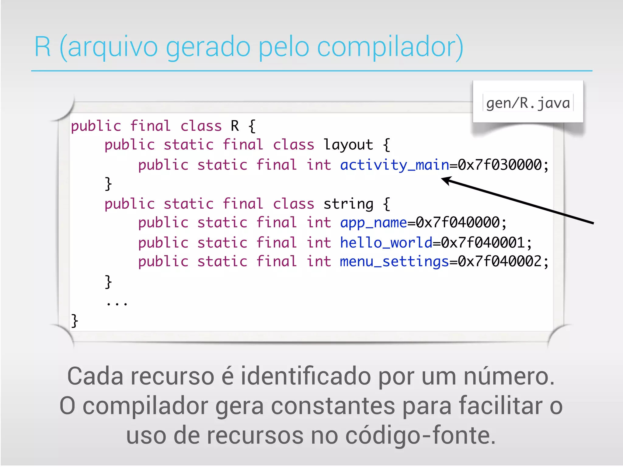 R (arquivo gerado pelo compilador)
                                                    gen/R.java
   public final class R {
       public static final class layout {
           public static final int activity_main=0x7f030000;
       }
       public static final class string {
           public static final int app_name=0x7f040000;
           public static final int hello_world=0x7f040001;
           public static final int menu_settings=0x7f040002;
       }
       ...
   }



  Cada recurso é identiﬁcado por um número.
  O compilador gera constantes para facilitar o
       uso de recursos no código-fonte.
 