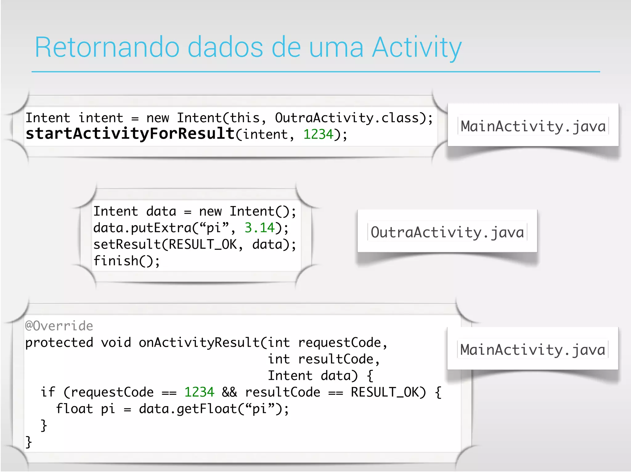 Retornando dados de uma Activity

Intent intent = new Intent(this, OutraActivity.class);
                                                          MainActivity.java
startActivityForResult(intent, 1234);



        Intent data = new Intent();
        data.putExtra(“pi”, 3.14);           OutraActivity.java
        setResult(RESULT_OK, data);
        finish();




@Override
protected void onActivityResult(int requestCode,
                                                          MainActivity.java
                                int resultCode,
                                Intent data) {
  if (requestCode == 1234 && resultCode == RESULT_OK) {
    float pi = data.getFloat(“pi”);
  }
}
 