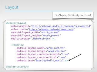 Layout
                                   res/layout/activity_main.xml


<RelativeLayout
    xmlns:android="http://schemas.android.com/apk/res/android"
    xmlns:tools="http://schemas.android.com/tools"
    android:layout_width="match_parent"
    android:layout_height="match_parent"
    tools:context=".MainActivity" >

    <TextView
        android:layout_width="wrap_content"
        android:layout_height="wrap_content"
        android:layout_centerHorizontal="true"
        android:layout_centerVertical="true"
        android:text="@string/hello_world" />

</RelativeLayout>
 