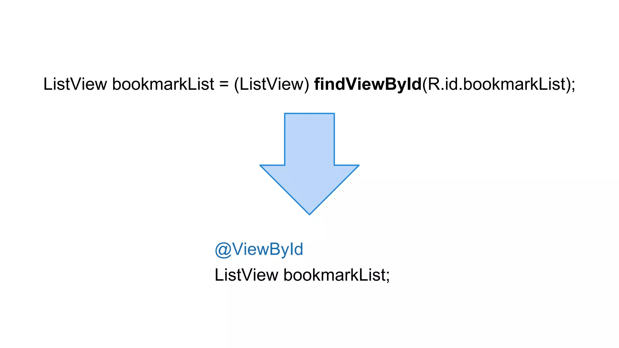 ListView bookmarkList = (ListView) findViewById(R.id.bookmarkList); 
@ViewById 
ListView bookmarkList; 
 