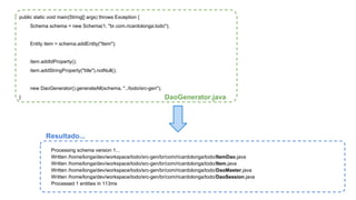 public static void main(String[] args) throws Exception { 
Schema schema = new Schema(1, "br.com.ricardolonga.todo"); 
Entity item = schema.addEntity("Item"); 
item.addIdProperty(); 
item.addStringProperty("title").notNull(); 
new DaoGenerator().generateAll(schema, "../todo/src-gen"); 
} DaoGenerator.java 
Resultado... 
Processing schema version 1... 
Written /home/longa/dev/workspace/todo/src-gen/br/com/ricardolonga/todo/ItemDao.java 
Written /home/longa/dev/workspace/todo/src-gen/br/com/ricardolonga/todo/Item.java 
Written /home/longa/dev/workspace/todo/src-gen/br/com/ricardolonga/todo/DaoMaster.java 
Written /home/longa/dev/workspace/todo/src-gen/br/com/ricardolonga/todo/DaoSession.java 
Processed 1 entities in 113ms 
 