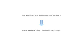 Toast.makeText(Activity, CharSequence, Duration).show(); 
Crouton.makeText(Activity, CharSequence, Style).show(); 
 