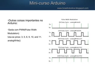 Mini-curso ArduinoMini-curso Arduino
www.brasilrobotics.blogspot.comwww.brasilrobotics.blogspot.com

Outras coisas importantes no
Arduino:

Saida com PWM(Pulse Width
Modulation):
Usa-se pinos: 3, 5, 6, 9, 10, and 11.
analogWrite()
 