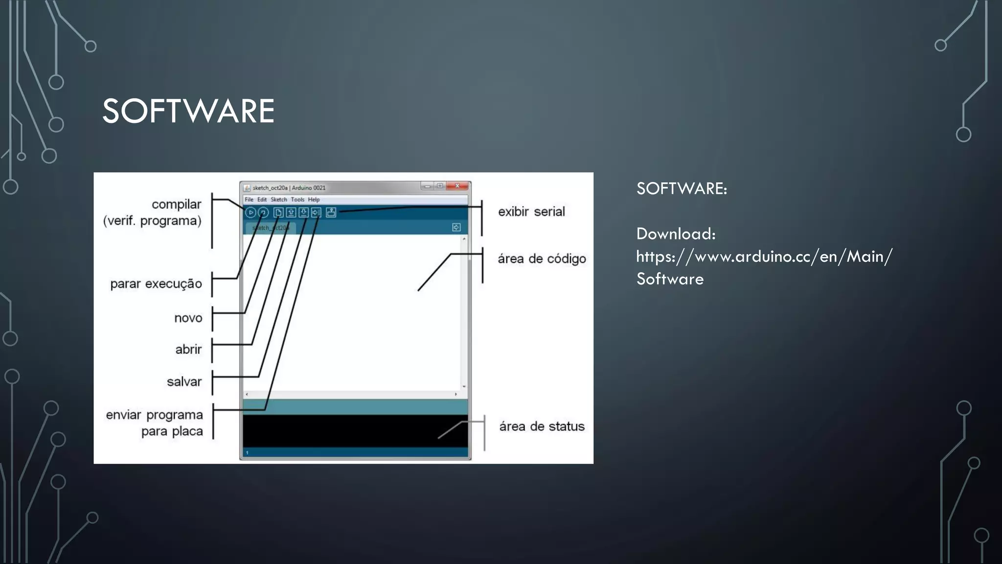 SOFTWARE
SOFTWARE:
Download:
https://www.arduino.cc/en/Main/
Software
 
