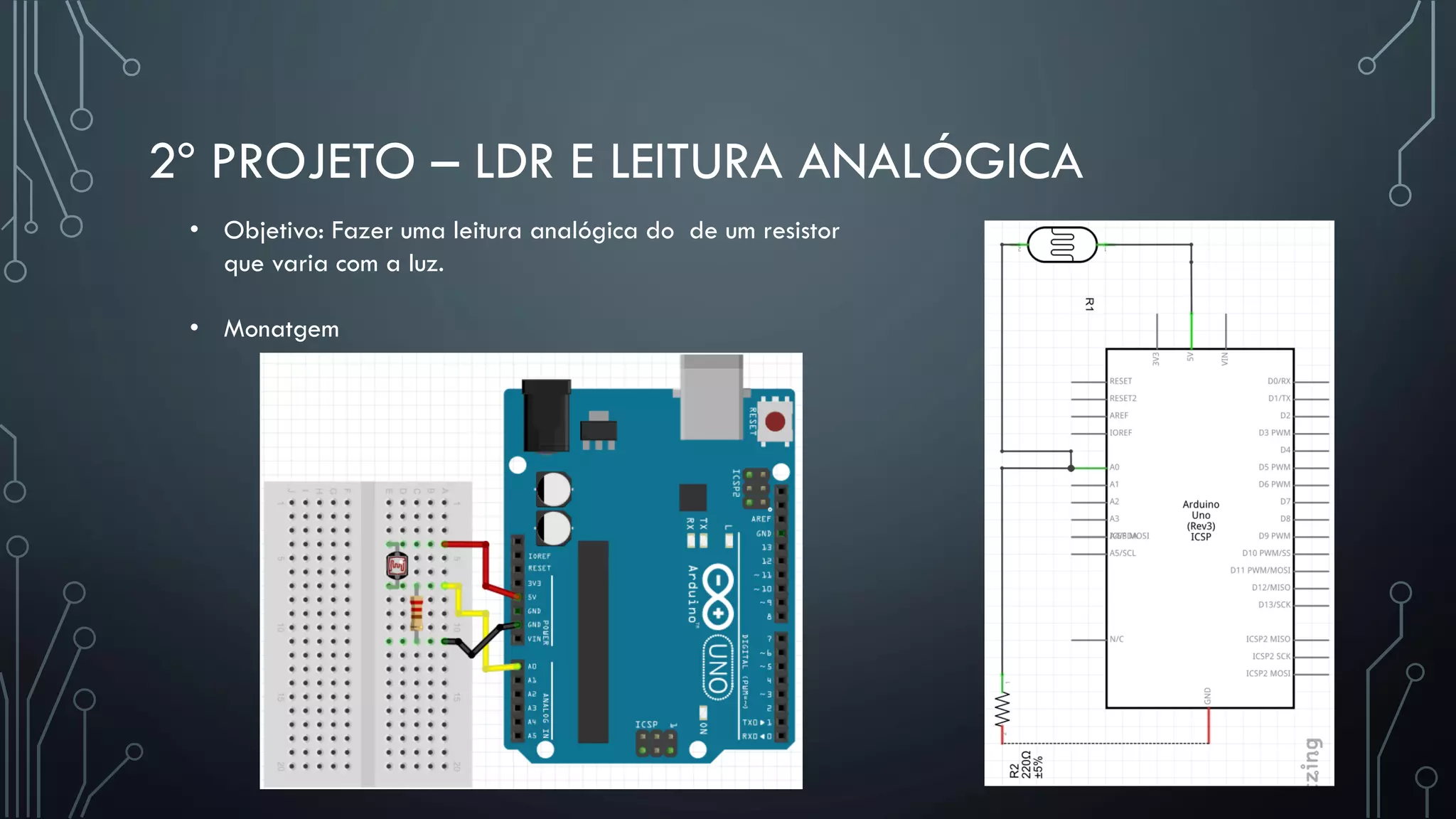 2º PROJETO – LDR E LEITURA ANALÓGICA
• Objetivo: Fazer uma leitura analógica do de um resistor
que varia com a luz.
• Monatgem
 