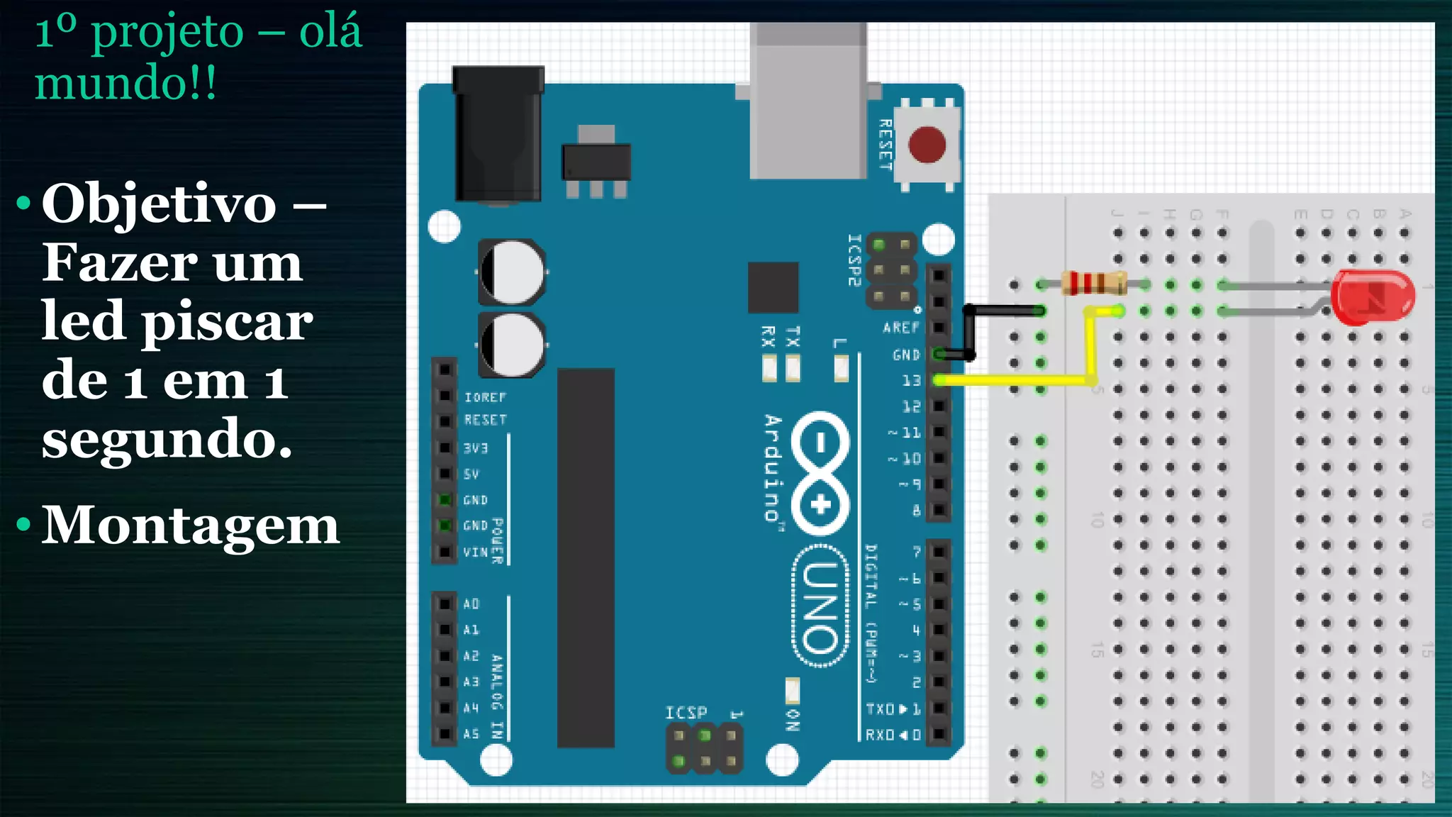•Objetivo –
Fazer um
led piscar
de 1 em 1
segundo.
•Montagem
1º projeto – olá
mundo!!
 
