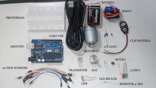 PROTOBOAD
ARDUINO
10 FIOS JUMPERS
TRANSISTOR POT
LDR RESISTOR 4.7KΩ
3 LED’s
BOTÃO
LED BICLOR
CABO USB
MOTOR CC
CLIP BATERIA
4 X 220Ω
SERVO
BATERIA
 