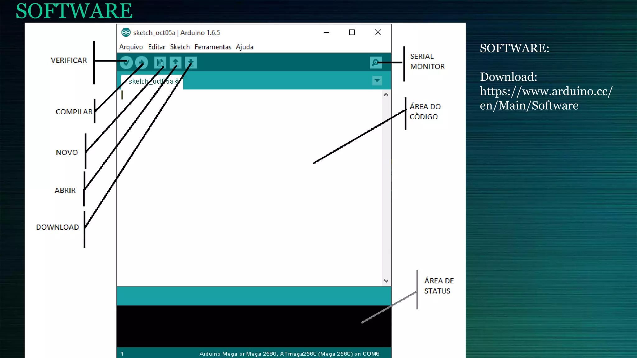 SOFTWARE
SOFTWARE:
Download:
https://www.arduino.cc/
en/Main/Software
 