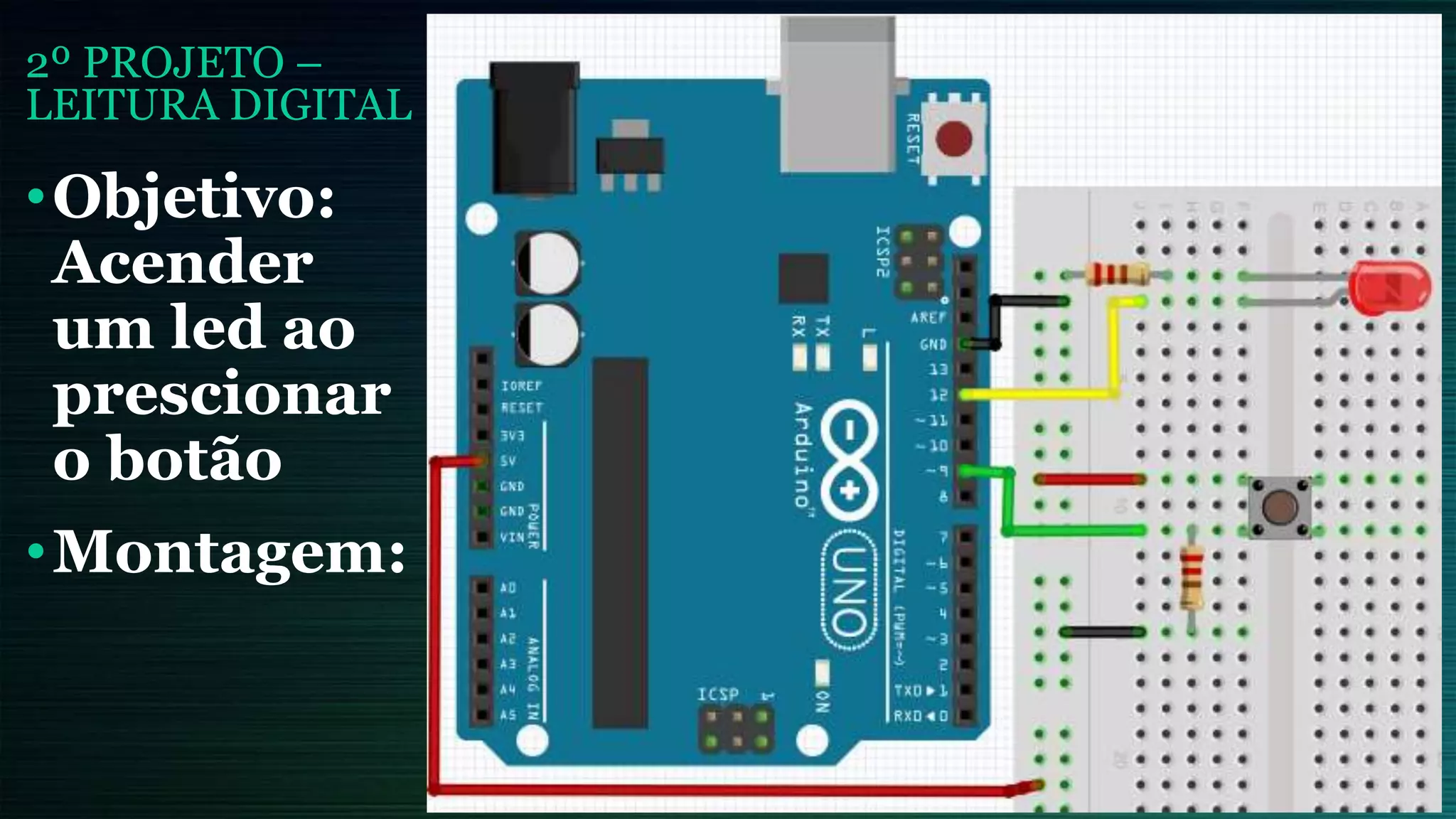 2º PROJETO –
LEITURA DIGITAL
•Objetivo:
Acender
um led ao
prescionar
o botão
•Montagem:
 