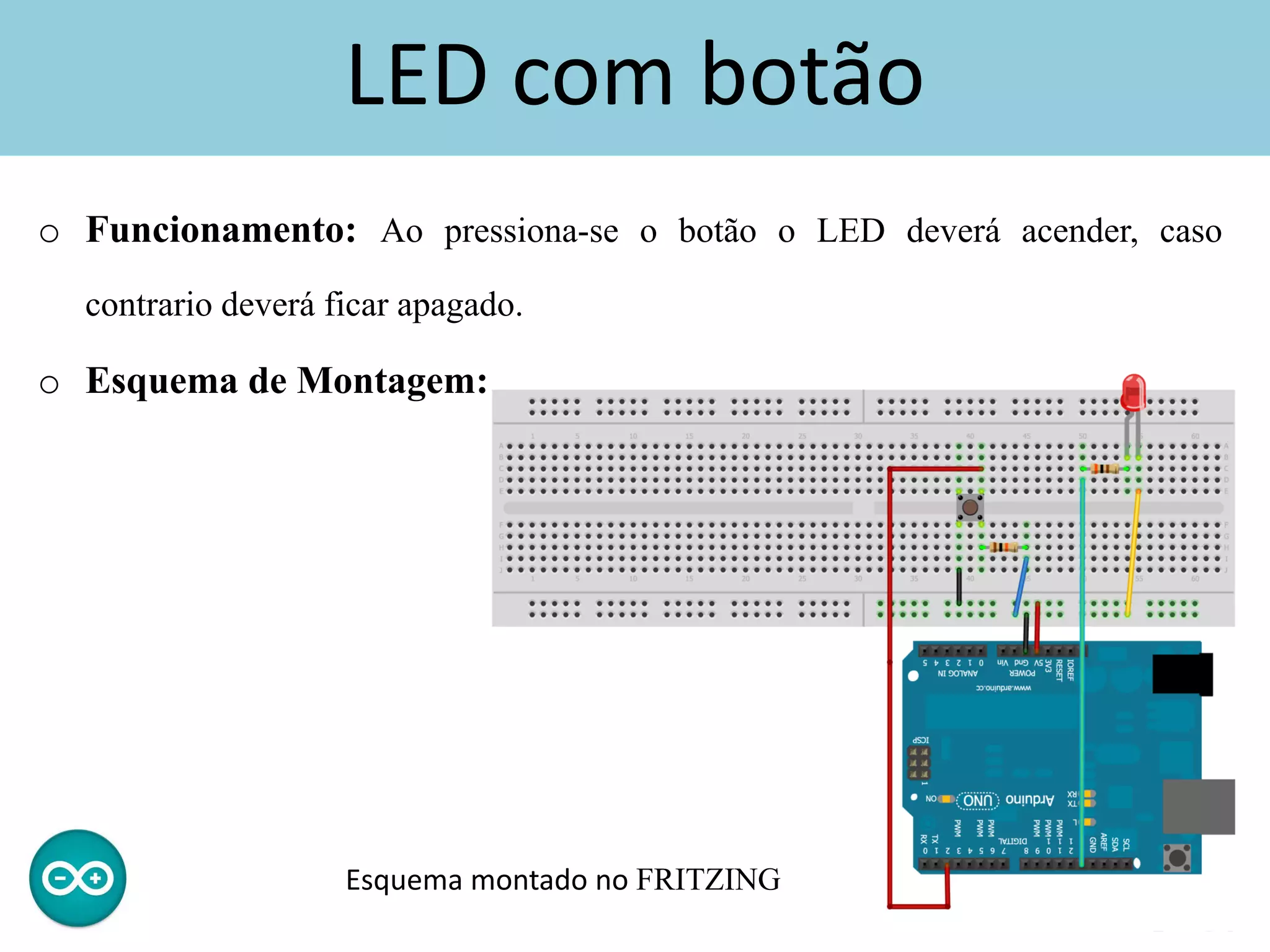 LED com botão
o Funcionamento: Ao pressiona-se o botão o LED deverá acender, caso
contrario deverá ficar apagado.
o Esquema de Montagem:
Esquema montado no FRITZING
 