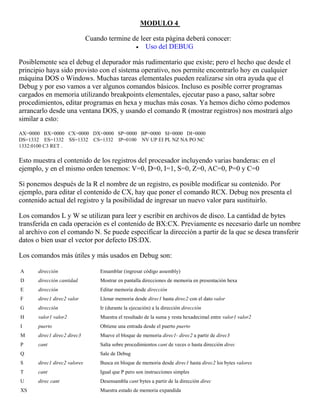 MODULO 4
Cuando termine de leer esta página deberá conocer:
 Uso del DEBUG
Posiblemente sea el debug el depurador más rudimentario que existe; pero el hecho que desde el
principio haya sido provisto con el sistema operativo, nos permite encontrarlo hoy en cualquier
máquina DOS o Windows. Muchas tareas elementales pueden realizarse sin otra ayuda que el
Debug y por eso vamos a ver algunos comandos básicos. Incluso es posible correr programas
cargados en memoria utilizando breakpoints elementales, ejecutar paso a paso, saltar sobre
procedimientos, editar programas en hexa y muchas más cosas. Ya hemos dicho cómo podemos
arrancarlo desde una ventana DOS, y usando el comando R (mostrar registros) nos mostrará algo
similar a esto:
AX=0000 BX=0000 CX=0000 DX=0000 SP=0000 BP=0000 SI=0000 DI=0000
DS=1332 ES=1332 SS=1332 CS=1332 IP=0100 NV UP EI PL NZ NA PO NC
1332:0100 C3 RET .
Esto muestra el contenido de los registros del procesador incluyendo varias banderas: en el
ejemplo, y en el mismo orden tenemos: V=0, D=0, I=1, S=0, Z=0, AC=0, P=0 y C=0
Si ponemos después de la R el nombre de un registro, es posible modificar su contenido. Por
ejemplo, para editar el contenido de CX, hay que poner el comando RCX. Debug nos presenta el
contenido actual del registro y la posibilidad de ingresar un nuevo valor para sustituirlo.
Los comandos L y W se utilizan para leer y escribir en archivos de disco. La cantidad de bytes
transferida en cada operación es el contenido de BX:CX. Previamente es necesario darle un nombre
al archivo con el comando N. Se puede especificar la dirección a partir de la que se desea transferir
datos o bien usar el vector por defecto DS:DX.
Los comandos más útiles y más usados en Debug son:
A dirección Ensamblar (ingresar código assembly)
D dirección cantidad Mostrar en pantalla direcciones de memoria en presentación hexa
E dirección Editar memoria desde dirección
F direc1 direc2 valor Llenar memoria desde direc1 hasta direc2 con el dato valor
G dirección Ir (durante la ejecución) a la dirección dirección
H valor1 valor2 Muestra el resultado de la suma y resta hexadecimal entre valor1 valor2
I puerto Obtiene una entrada desde el puerto puerto
M direc1 direc2 direc3 Mueve el bloque de memoria direc1- direc2 a partir de direc3
P cant Salta sobre procedimientos cant de veces o hasta dirección direc
Q Sale de Debug
S direc1 direc2 valores Busca en bloque de memoria desde direc1 hasta direc2 los bytes valores
T cant Igual que P pero son instrucciones simples
U direc cant Desensambla cant bytes a partir de la dirección direc
XS Muestra estado de memoria expandida
 