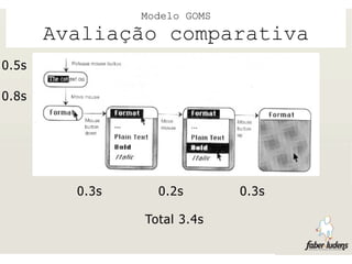 Modelo GOMS
       Avaliação comparativa
0.5s

0.8s




         0.3s     0.2s        0.3s

                Total 3.4s
 