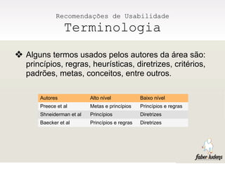 Recomendações de Usabilidade
                Terminologia
❖ Alguns termos usados pelos autores da área são:
  princípios, regras, heurísticas, diretrizes, critérios,
  padrões, metas, conceitos, entre outros.

      Autores             Alto nível            Baixo nível
      Preece et al        Metas e princípios    Princípios e regras
      Shneiderman et al   Princípios            Diretrizes
      Baecker et al       Princípios e regras   Diretrizes
 