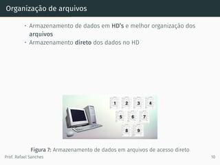 Organização de arquivos
• Armazenamento de dados em HD’s e melhor organização dos
arquivos
• Armazenamento direto dos dados no HD
Figura 7: Armazenamento de dados em arquivos de acesso direto
Prof. Rafael Sanches 10
 