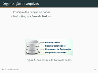 Organização de arquivos
• Princípio dos Bancos de Dados
• Dados (i.e., sua Base de Dados)
Figura 9: Composição do Banco de Dados
Prof. Rafael Sanches 12
 