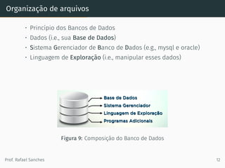 Organização de arquivos
• Princípio dos Bancos de Dados
• Dados (i.e., sua Base de Dados)
• Sistema Gerenciador de Banco de Dados (e.g., mysql e oracle)
• Linguagem de Exploração (i.e., manipular esses dados)
Figura 9: Composição do Banco de Dados
Prof. Rafael Sanches 12
 