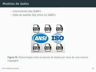 Modelos de dados
• Crescimento dos SGBD’s
• Falta de padrão SQL entre os SGBD’s
Figura 15: Padronização entre os bancos de dados por meio de uma mesma
linguagem
Prof. Rafael Sanches 19
 