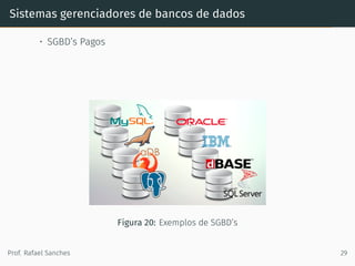 Sistemas gerenciadores de bancos de dados
• SGBD’s Pagos
Figura 20: Exemplos de SGBD’s
Prof. Rafael Sanches 29
 