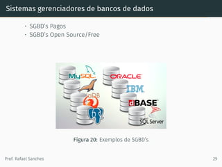 Sistemas gerenciadores de bancos de dados
• SGBD’s Pagos
• SGBD’s Open Source/Free
Figura 20: Exemplos de SGBD’s
Prof. Rafael Sanches 29
 