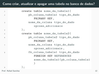 Como criar, atualizar e apagar uma tabela no banco de dados?
1 create table nome_da_tabela1 (
2 pk_coluna_tabela1 tipo_do_dado
PRIMARY KEY ,
3 nome_da_coluna tipo_do_dado
opcoes_adicionais
4 );
5 create table nome_da_tabela2 (
6 pk_coluna_tabela2 tipo_do_dado
PRIMARY KEY ,
7 nome_da_coluna tipo_do_dado
opcoes_adicionais ,
8 fk_coluna_tabela1 tipo_do_dado
FOREIGN KEY REFERENCES
nome_da_tabela1 ( pk_coluna_tabela1
)
9 );
Prof. Rafael Sanches 12
 