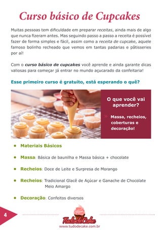 4	
www.tudodecake.com.br
Curso básico de Cupcakes
Muitas pessoas tem dificuldade em preparar receitas, ainda mais de algo
que nunca fizeram antes. Mas seguindo passo a passo a receita é possível
fazer de forma simples e fácil, assim como a receita de cupcake, aquele
famoso bolinho recheado que vemos em tantas padarias e pâtisseries
por aí!
Com o curso básico de cupcakes você aprende e ainda garante dicas
valiosas para começar já entrar no mundo açucarado da confeitaria!
Esse primeiro curso é gratuito, está esperando o quê?
O que você vai
aprender?
»» Massa, recheios,
coberturas e
decoração!
•	 Materiais Básicos
•	 Massa: Básica de baunilha e Massa básica + chocolate
	
•	 Recheios: Doce de Leite e Surpresa de Morango
	
•	 Recheios: Tradicional Glacê de Açúcar e Ganache de Chocolate
	 Meio Amargo
•	 Decoração: Confeitos diversos
 