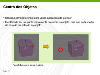 Centro dos Objetos

 Utilizado como referência para várias operações do Blender;
 Identificado por um ponto inicialmente no centro do objeto, mas que pode mudar
  de posição em relação ao objeto.




            Figura 8. Exemplo de centro do objeto


Page  18
 