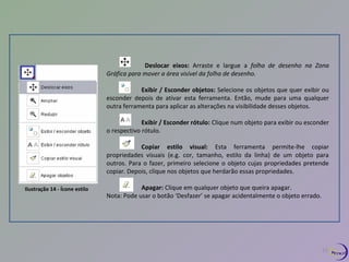 Ilustração 14 - Ícone estilo 
Deslocar eixos: Arraste e largue a folha de desenho na Zona 
Gráfica para mover a área visível da folha de desenho. 
Exibir / Esconder objetos: Selecione os objetos que quer exibir ou 
esconder depois de ativar esta ferramenta. Então, mude para uma qualquer 
outra ferramenta para aplicar as alterações na visibilidade desses objetos. 
Exibir / Esconder rótulo: Clique num objeto para exibir ou esconder 
o respectivo rótulo. 
Copiar estilo visual: Esta ferramenta permite-lhe copiar 
propriedades visuais (e.g. cor, tamanho, estilo da linha) de um objeto para 
outros. Para o fazer, primeiro selecione o objeto cujas propriedades pretende 
copiar. Depois, clique nos objetos que herdarão essas propriedades. 
Apagar: Clique em qualquer objeto que queira apagar. 
Nota: Pode usar o botão ‘Desfazer’ se apagar acidentalmente o objeto errado. 
15 
 