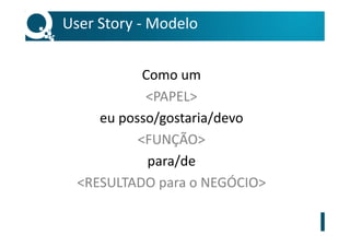 User Story - Modelo
Como um
<PAPEL>
eu posso/gostaria/devo
<FUNÇÃO>
para/de
<RESULTADO para o NEGÓCIO>
 