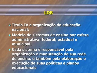 LDB 
 Título IV a organização da educação 
nacional: 
 Modelo de sistemas de ensino por esfera 
administrativa: federal; estadual e 
municipal. 
 Cada sistema é responsável pela 
organização e manutenção de sua rede 
de ensino, e também pela elaboração e 
execução de suas políticas e planos 
educacionais 
 