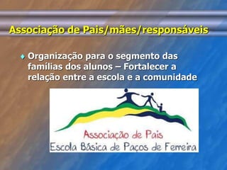 Associação de Pais/mães/responsáveis 
 Organização para o segmento das 
famílias dos alunos – Fortalecer a 
relação entre a escola e a comunidade 
 
