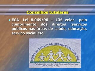 Conselhos tutelares 
 ECA- Lei 8.069/90 – 136 zelar pelo 
cumprimento dos direitos :serviços 
públicos nas áreas de saúde, educação, 
serviço social etc. 
 