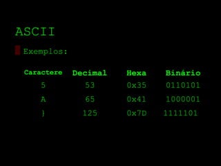 ASCII
▒ Exemplos:

 Caractere    Decimal   Hexa   Binário
     5          53      0x35   0110101
     A          65      0x41   1000001
     }          125     0x7D   1111101
 